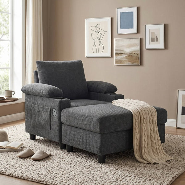 English Elm Accent Chair Ottoman Set Convertible Sleeper with USB Charging and Cup Holders Dark Gray W5568P536594