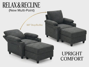 English Elm Accent Chair Ottoman Set Convertible Sleeper with USB Charging and Cup Holders Dark Gray W5568P536594