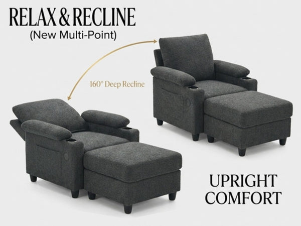 English Elm Accent Chair Ottoman Set Convertible Sleeper with USB Charging and Cup Holders Dark Gray W5568P536594