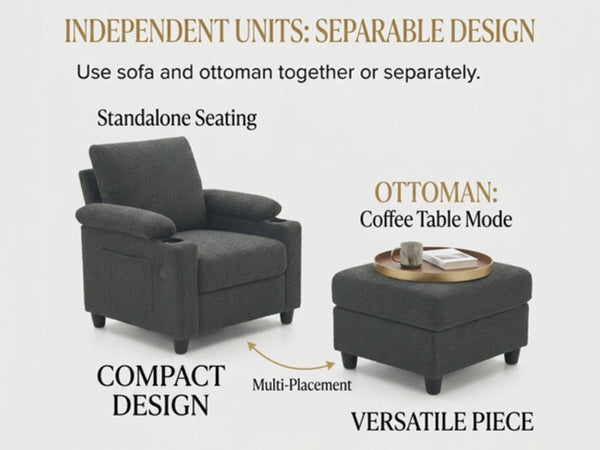 English Elm Accent Chair Ottoman Set Convertible Sleeper with USB Charging and Cup Holders Dark Gray W5568P536594