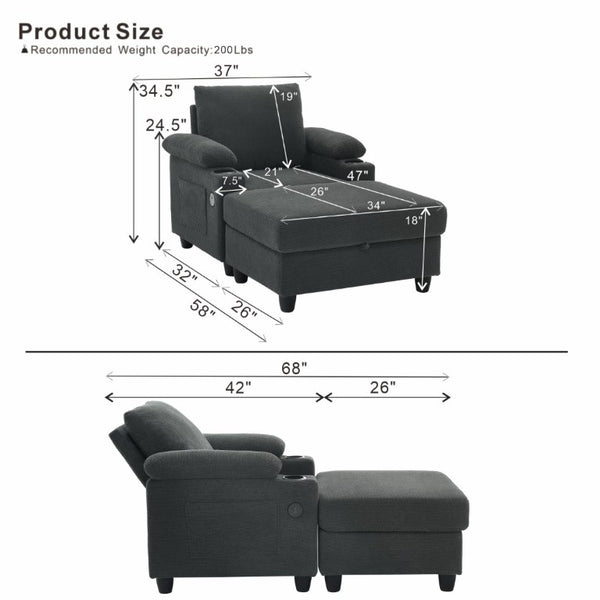 English Elm Accent Chair Ottoman Set Convertible Sleeper with USB Charging and Cup Holders Dark Gray W5568P536594