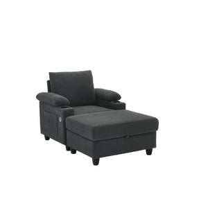 English Elm Accent Chair Ottoman Set Convertible Sleeper with USB Charging and Cup Holders Dark Gray W5568P536594