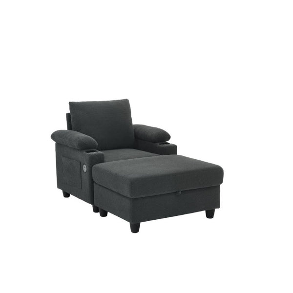 English Elm Accent Chair Ottoman Set Convertible Sleeper with USB Charging and Cup Holders Dark Gray W5568P536594