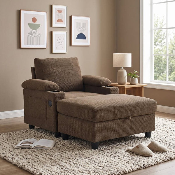 English Elm Accent Chair Ottoman Set Convertible Sleeper with USB Charging and Cup Holders Coffee W5568P536595