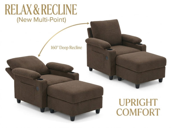 English Elm Accent Chair Ottoman Set Convertible Sleeper with USB Charging and Cup Holders Coffee W5568P536595