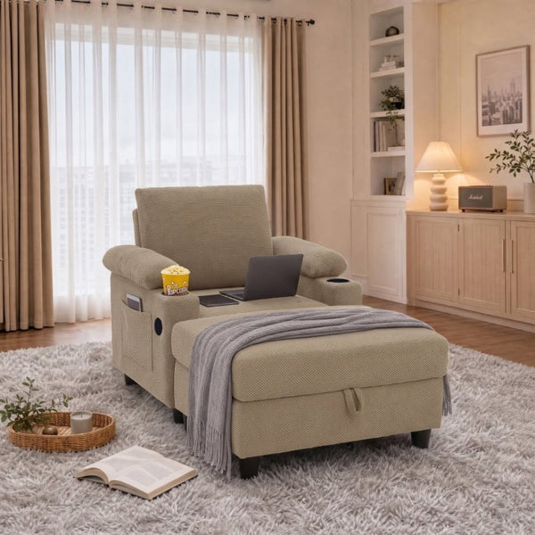 English Elm Accent Chair Ottoman Set Convertible Sleeper with USB Charging and Cup Holders Camel W5568P536596