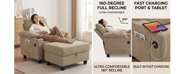 English Elm Accent Chair Ottoman Set Convertible Sleeper with USB Charging and Cup Holders Camel W5568P536596