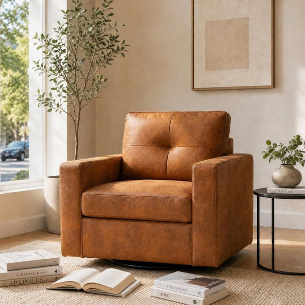 English Elm Degree Swivel Accent Chair with Tufted Back Square Arms and Lumbar Support for Any Room Light Brown W5568P540380