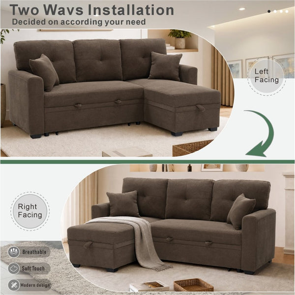 English Elm Sleeper Sectional with Storage Chaise Tufted Polyester L-shape Sofa Bed for Apartments Coffee W5568S00042