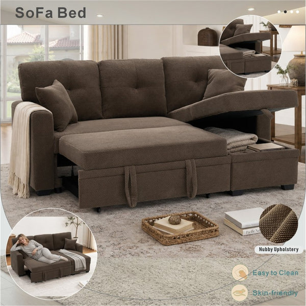 English Elm Sleeper Sectional with Storage Chaise Tufted Polyester L-shape Sofa Bed for Apartments Coffee W5568S00042