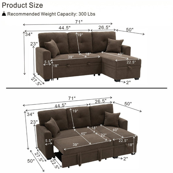 English Elm Sleeper Sectional with Storage Chaise Tufted Polyester L-shape Sofa Bed for Apartments Coffee W5568S00042