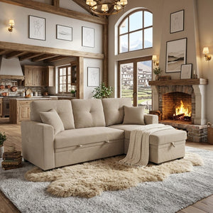 English Elm Sleeper Sectional with Storage Chaise Tufted Polyester L-shape Sofa Bed for Apartments Camel W5568S00043