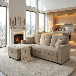 English Elm Sleeper Sectional with Storage Chaise Tufted Polyester L-shape Sofa Bed for Apartments Camel W5568S00043