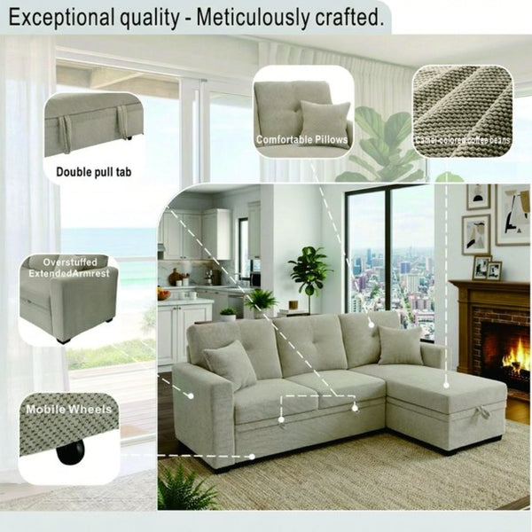 English Elm Sleeper Sectional with Storage Chaise Tufted Polyester L-shape Sofa Bed for Apartments Camel W5568S00043