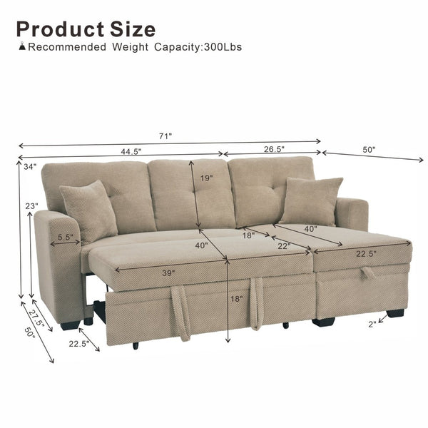 English Elm Sleeper Sectional with Storage Chaise Tufted Polyester L-shape Sofa Bed for Apartments Camel W5568S00043