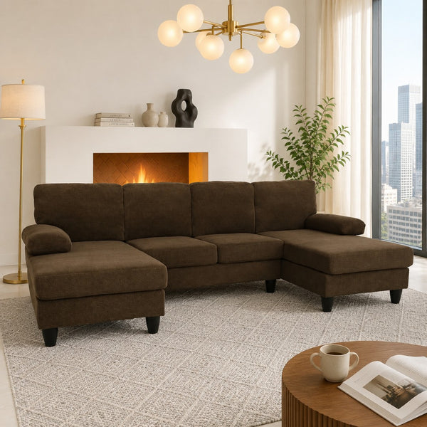 English Elm Nubby Textured Woven Sectional Sofa with Wraparound Dual Chaise for Living Rooms Coffee W5568S00054