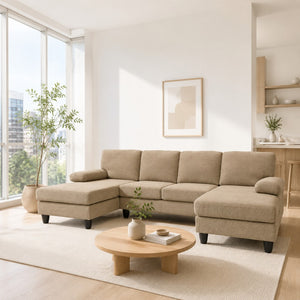 English Elm Nubby Textured Woven Sectional Sofa with Wraparound Dual Chaise for Living Rooms Camel W5568S00055