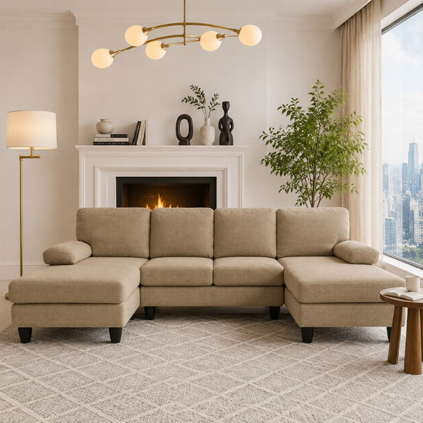 English Elm Nubby Textured Woven Sectional Sofa with Wraparound Dual Chaise for Living Rooms Camel W5568S00055