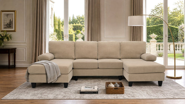 English Elm Nubby Textured Woven Sectional Sofa with Wraparound Dual Chaise for Living Rooms Camel W5568S00055