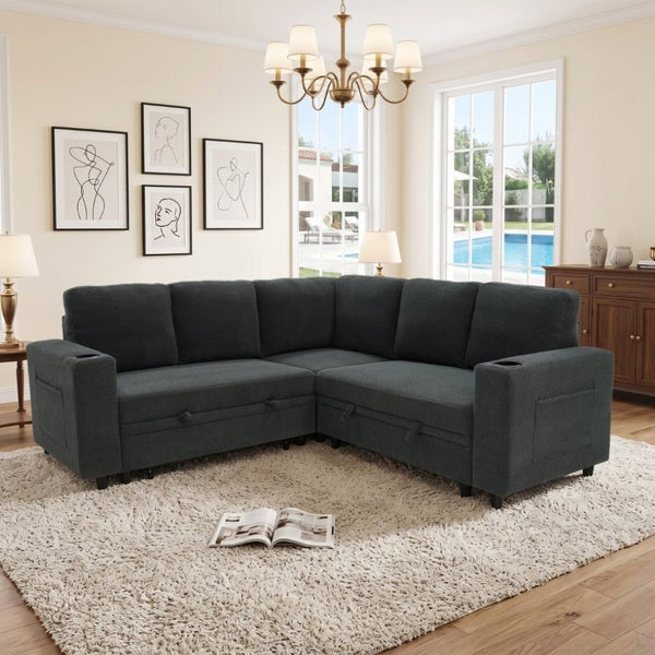 English Elm Nubby Textured Sectional Sleeper Sofa with Hidden Storage and Built-In Cup Holders Dark Gray W5568S00056