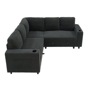 English Elm Nubby Textured Sectional Sleeper Sofa with Hidden Storage and Built-In Cup Holders Dark Gray W5568S00056