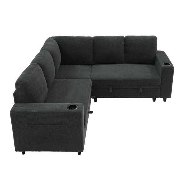 English Elm Nubby Textured Sectional Sleeper Sofa with Hidden Storage and Built-In Cup Holders Dark Gray W5568S00056