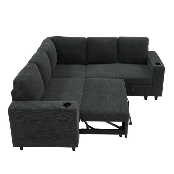 English Elm Nubby Textured Sectional Sleeper Sofa with Hidden Storage and Built-In Cup Holders Dark Gray W5568S00056