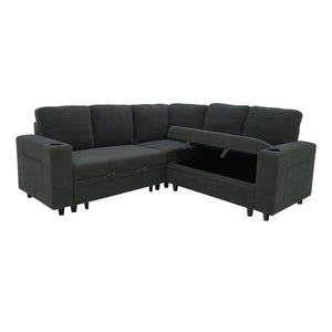 English Elm Nubby Textured Sectional Sleeper Sofa with Hidden Storage and Built-In Cup Holders Dark Gray W5568S00056