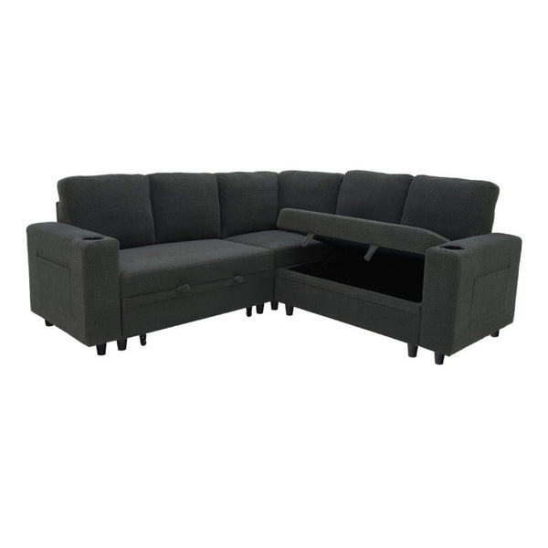 English Elm Nubby Textured Sectional Sleeper Sofa with Hidden Storage and Built-In Cup Holders Dark Gray W5568S00056