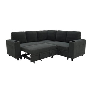 English Elm Nubby Textured Sectional Sleeper Sofa with Hidden Storage and Built-In Cup Holders Dark Gray W5568S00056
