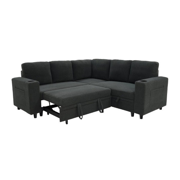 English Elm Nubby Textured Sectional Sleeper Sofa with Hidden Storage and Built-In Cup Holders Dark Gray W5568S00056