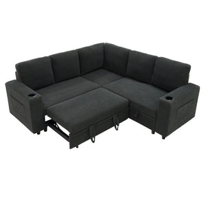 English Elm Nubby Textured Sectional Sleeper Sofa with Hidden Storage and Built-In Cup Holders Dark Gray W5568S00056