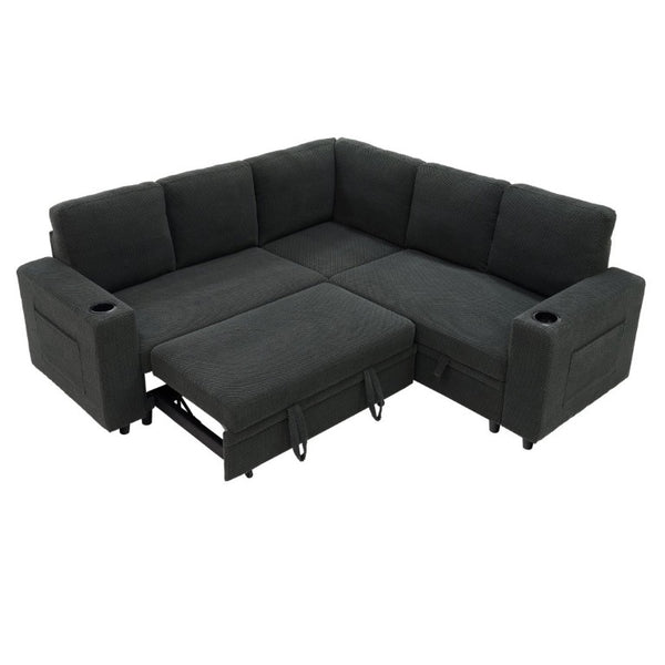 English Elm Nubby Textured Sectional Sleeper Sofa with Hidden Storage and Built-In Cup Holders Dark Gray W5568S00056