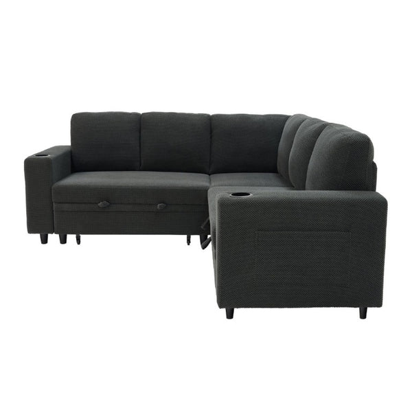 English Elm Nubby Textured Sectional Sleeper Sofa with Hidden Storage and Built-In Cup Holders Dark Gray W5568S00056