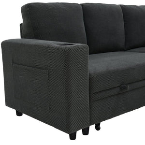 English Elm Nubby Textured Sectional Sleeper Sofa with Hidden Storage and Built-In Cup Holders Dark Gray W5568S00056