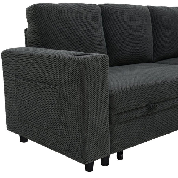 English Elm Nubby Textured Sectional Sleeper Sofa with Hidden Storage and Built-In Cup Holders Dark Gray W5568S00056
