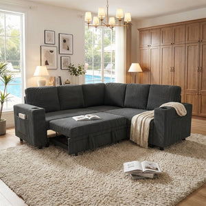English Elm Nubby Textured Sectional Sleeper Sofa with Hidden Storage and Built-In Cup Holders Dark Gray W5568S00056