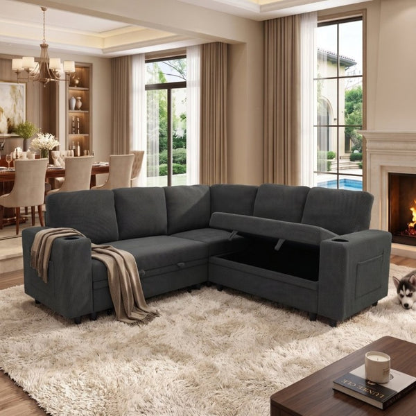 English Elm Nubby Textured Sectional Sleeper Sofa with Hidden Storage and Built-In Cup Holders Dark Gray W5568S00056