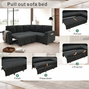 English Elm Nubby Textured Sectional Sleeper Sofa with Hidden Storage and Built-In Cup Holders Dark Gray W5568S00056