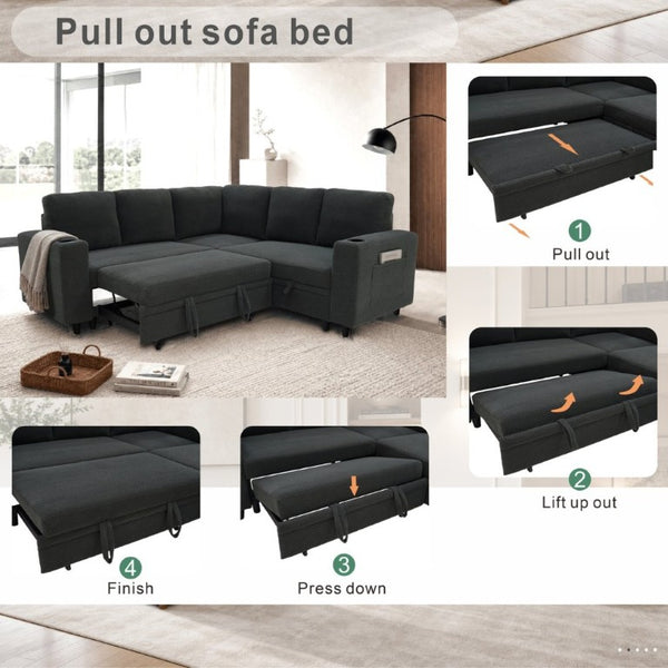 English Elm Nubby Textured Sectional Sleeper Sofa with Hidden Storage and Built-In Cup Holders Dark Gray W5568S00056