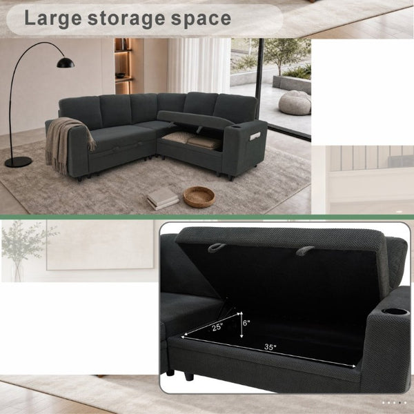 English Elm Nubby Textured Sectional Sleeper Sofa with Hidden Storage and Built-In Cup Holders Dark Gray W5568S00056