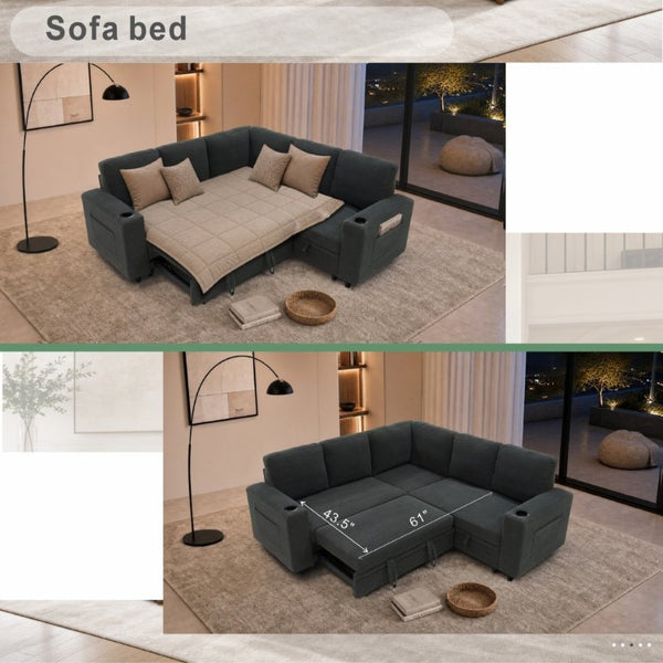English Elm Nubby Textured Sectional Sleeper Sofa with Hidden Storage and Built-In Cup Holders Dark Gray W5568S00056