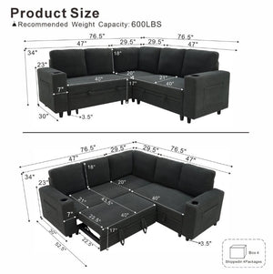 English Elm Nubby Textured Sectional Sleeper Sofa with Hidden Storage and Built-In Cup Holders Dark Gray W5568S00056