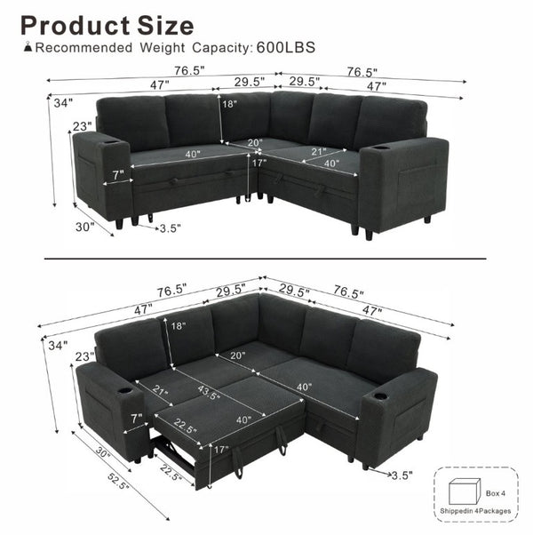 English Elm Nubby Textured Sectional Sleeper Sofa with Hidden Storage and Built-In Cup Holders Dark Gray W5568S00056