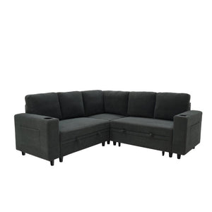English Elm Nubby Textured Sectional Sleeper Sofa with Hidden Storage and Built-In Cup Holders Dark Gray W5568S00056