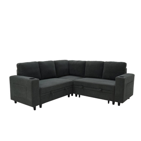 English Elm Nubby Textured Sectional Sleeper Sofa with Hidden Storage and Built-In Cup Holders Dark Gray W5568S00056