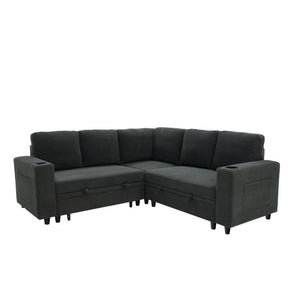 English Elm Nubby Textured Sectional Sleeper Sofa with Hidden Storage and Built-In Cup Holders Dark Gray W5568S00056