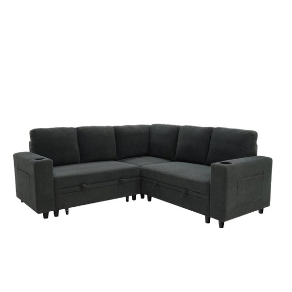 English Elm Nubby Textured Sectional Sleeper Sofa with Hidden Storage and Built-In Cup Holders Dark Gray W5568S00056
