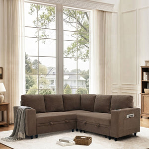 English Elm Nubby Textured Sectional Sleeper Sofa with Hidden Storage and Built-In Cup Holders Coffee W5568S00057