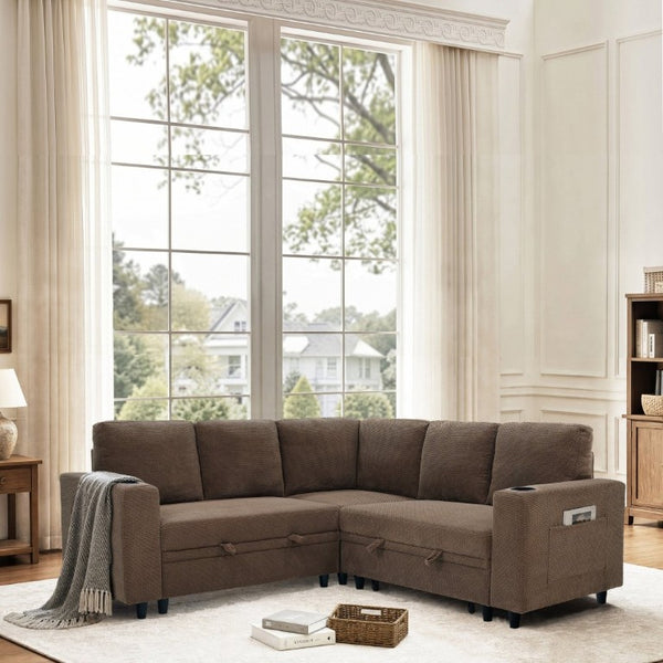 English Elm Nubby Textured Sectional Sleeper Sofa with Hidden Storage and Built-In Cup Holders Coffee W5568S00057